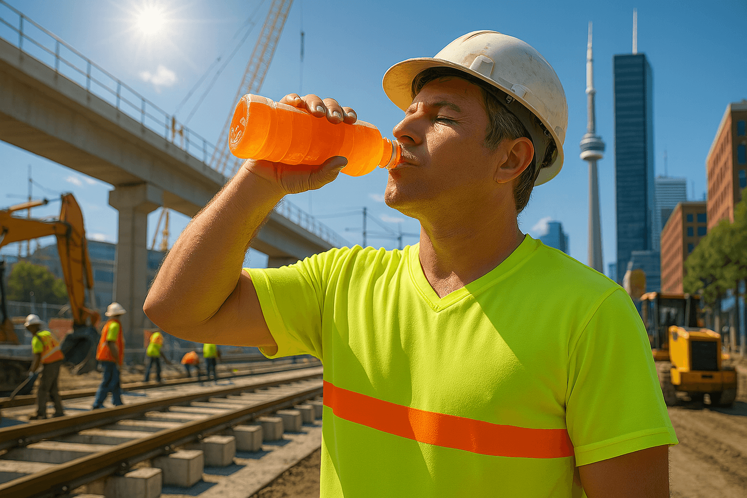 Construction workers in the hot sun staying hydrated