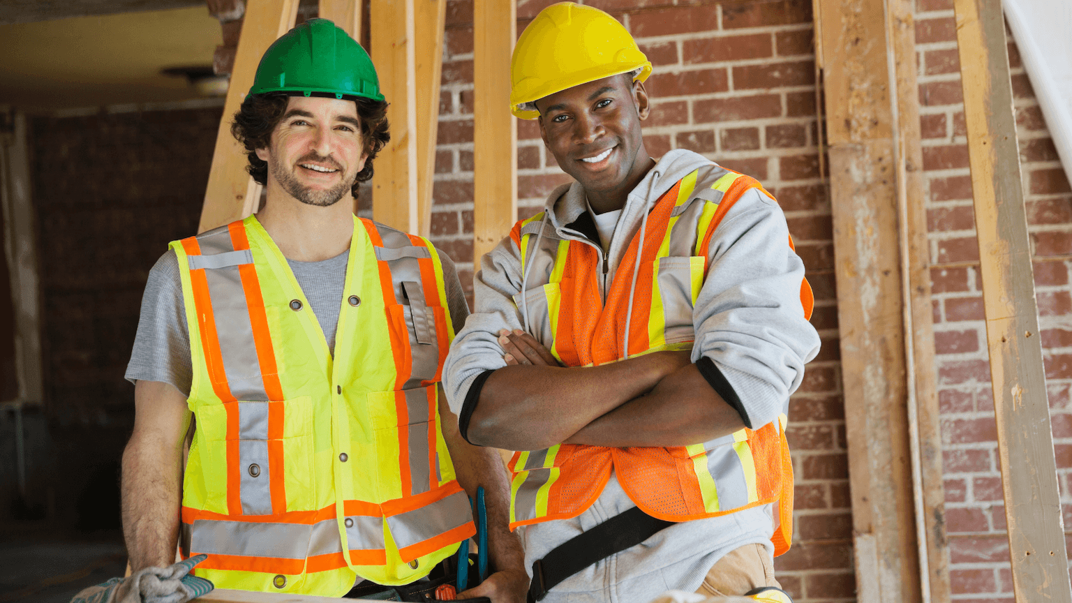 Construction workers on a jobsite wearing high visibility vests and hard hats